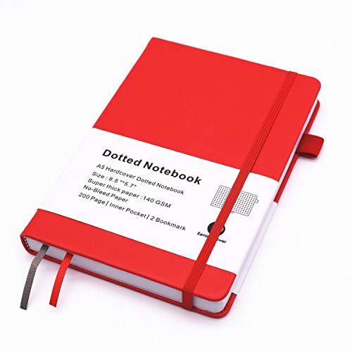 Dotted Journal Bullet Notebook,Hard Cover, Medium 5.8 x 8.2 inches,140gsm Thick Paper with Inner Pocket, 2 Bookmarks(Red,Dotted)