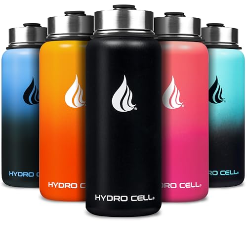 HYDRO CELL Stainless Steel Insulated Water Bottle with Straw - For Cold & Hot Drinks - Metal Vacuum Flask with Screw Cap and Modern Leakproof Sport Thermos for Kids & Adults (Black 32oz)