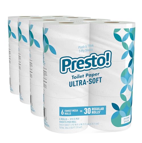 Amazon Brand - Presto! 2-Ply Ultra-Soft Toilet Paper, 24 Family Mega Rolls = 120 regular rolls, 6 Count (Pack of 4), Unscented