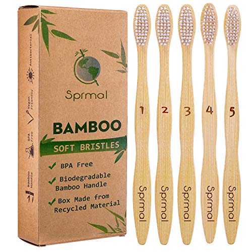 Sprmal 5pcs Bamboo Toothbrushes Natural Organic Biodegradable and Vegan Bamboo Soft BPA Free Nylon Bristles for Sensitive Gums