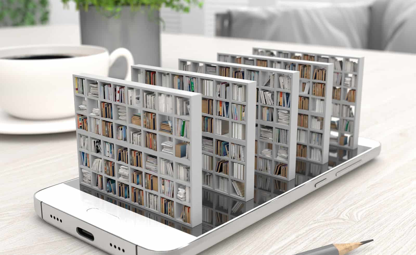 Bookcase with books on a smartphone screen on a desktop. Electronic library in a mobile phone. Distance education and self-study. Books online. Creative conceptual 3D rendering