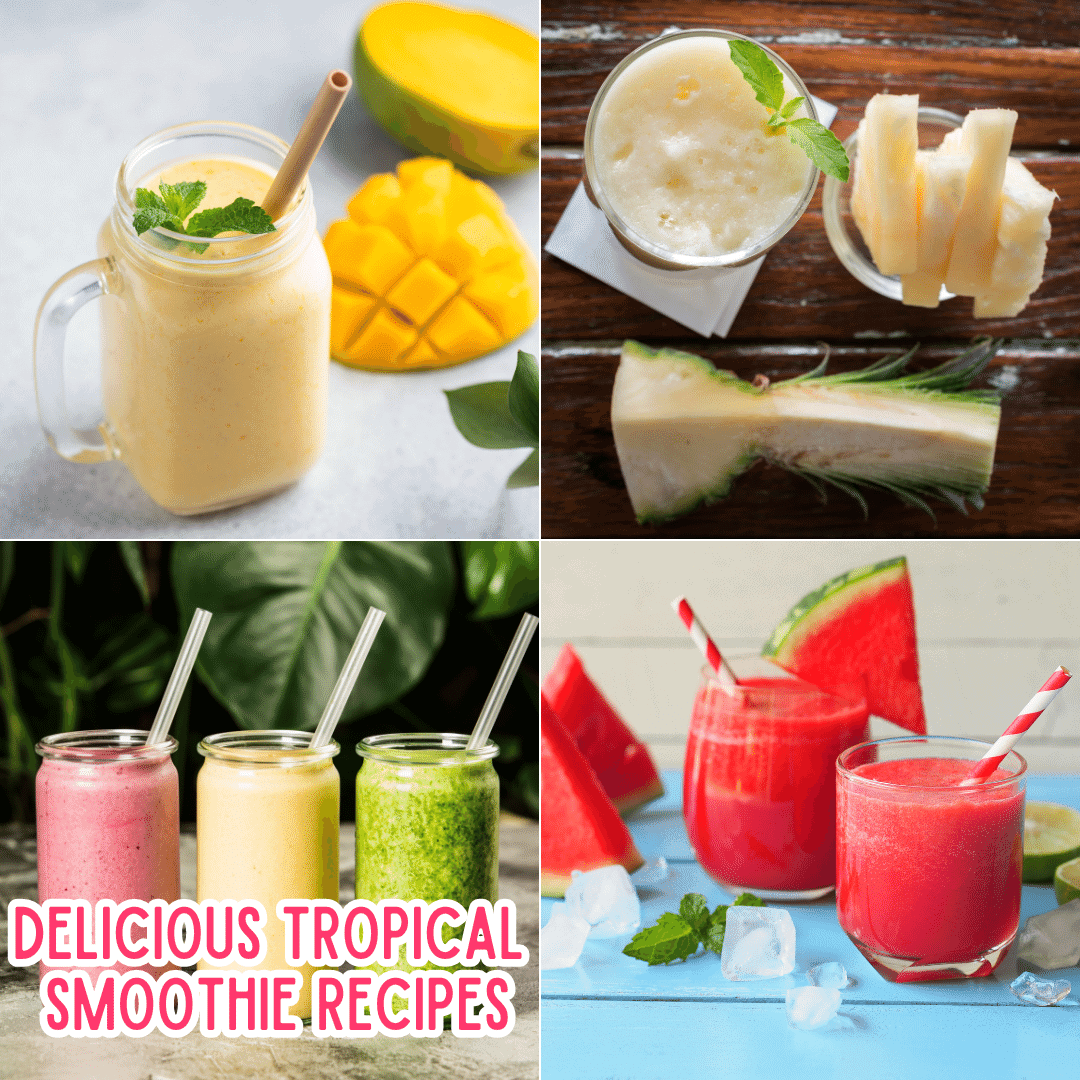 50 Smoothie Bowls & Traditional Smoothie Recipes to Make This Summer 11 Collage of 4 different tropical smoothies, including pineapple, mango, watermelon, and a group of three different smoothies in one picture